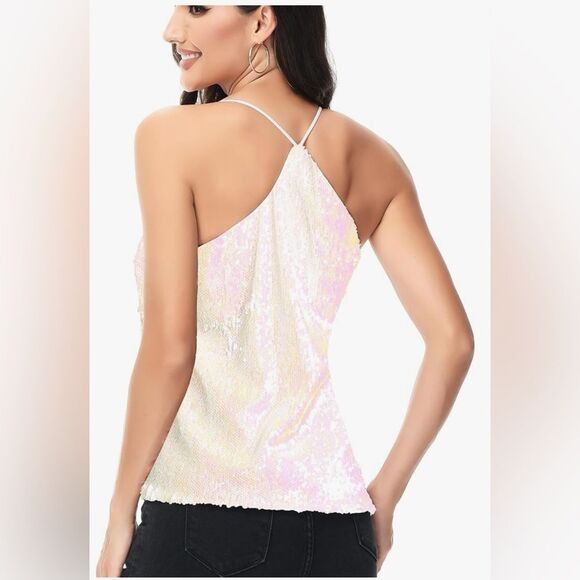 Anna Kaci sparkling sequined white/ pink racerback party, event tank. Size XXL - Picture 2 of 14